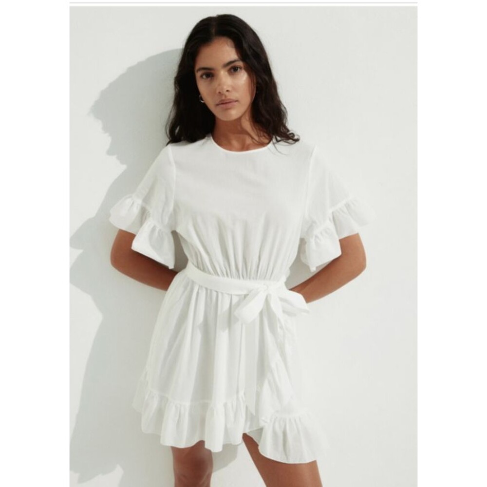 H&M Divided White Ruffle Mini Dress XS Cotton Wrap Tie Waist NWT Summer